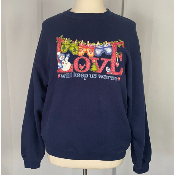 Crewneck Sweatshirt Womens Size XL Navy Blue Graphic Grandma Winter Cottage Love - Picture 1 of 10
